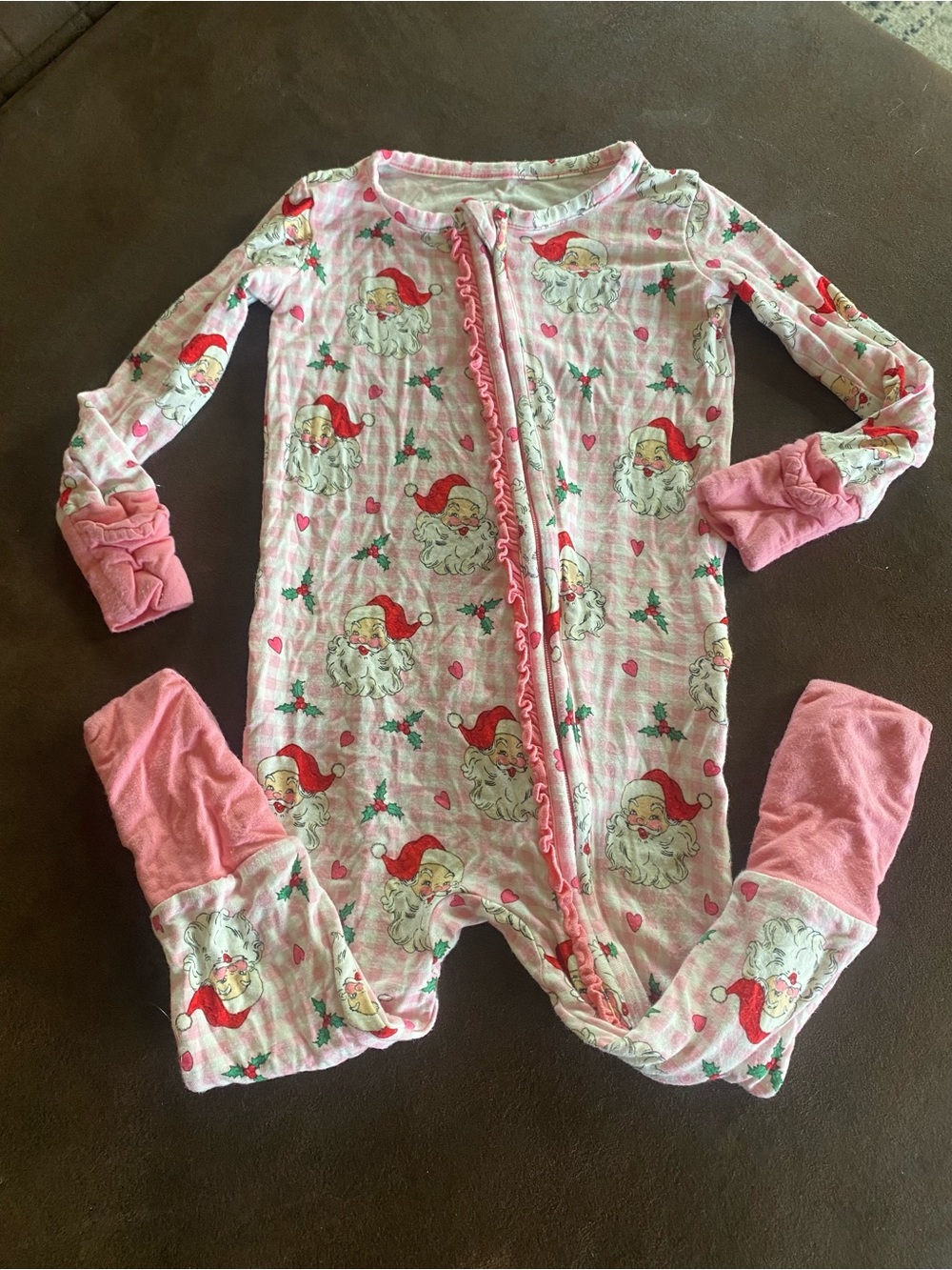 Girls' Pink Santa Print Footed One-Piece Pajamas